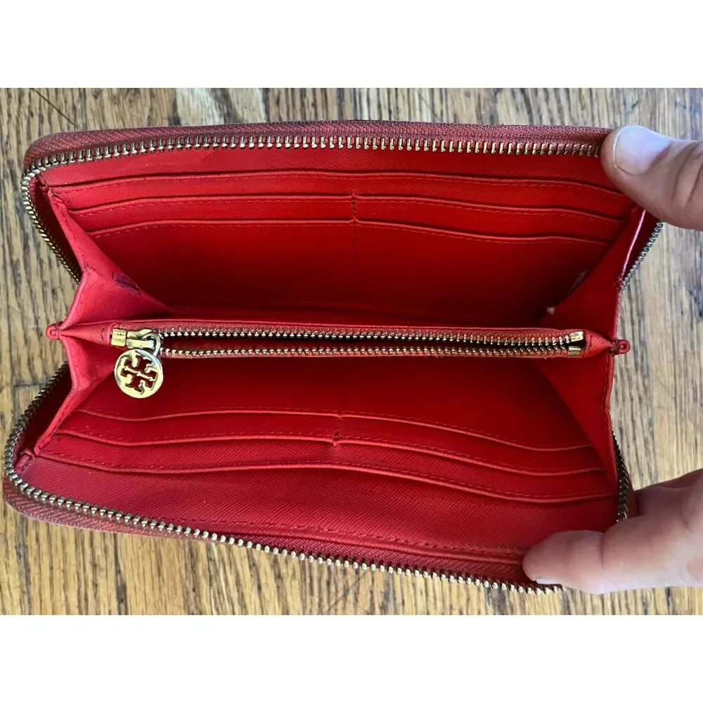 TORY BURCH Orange Leather Zip Up Purse Wallet